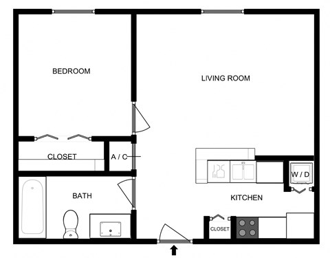 Floor plan for 1 bed, 1 bath, 608 sqft